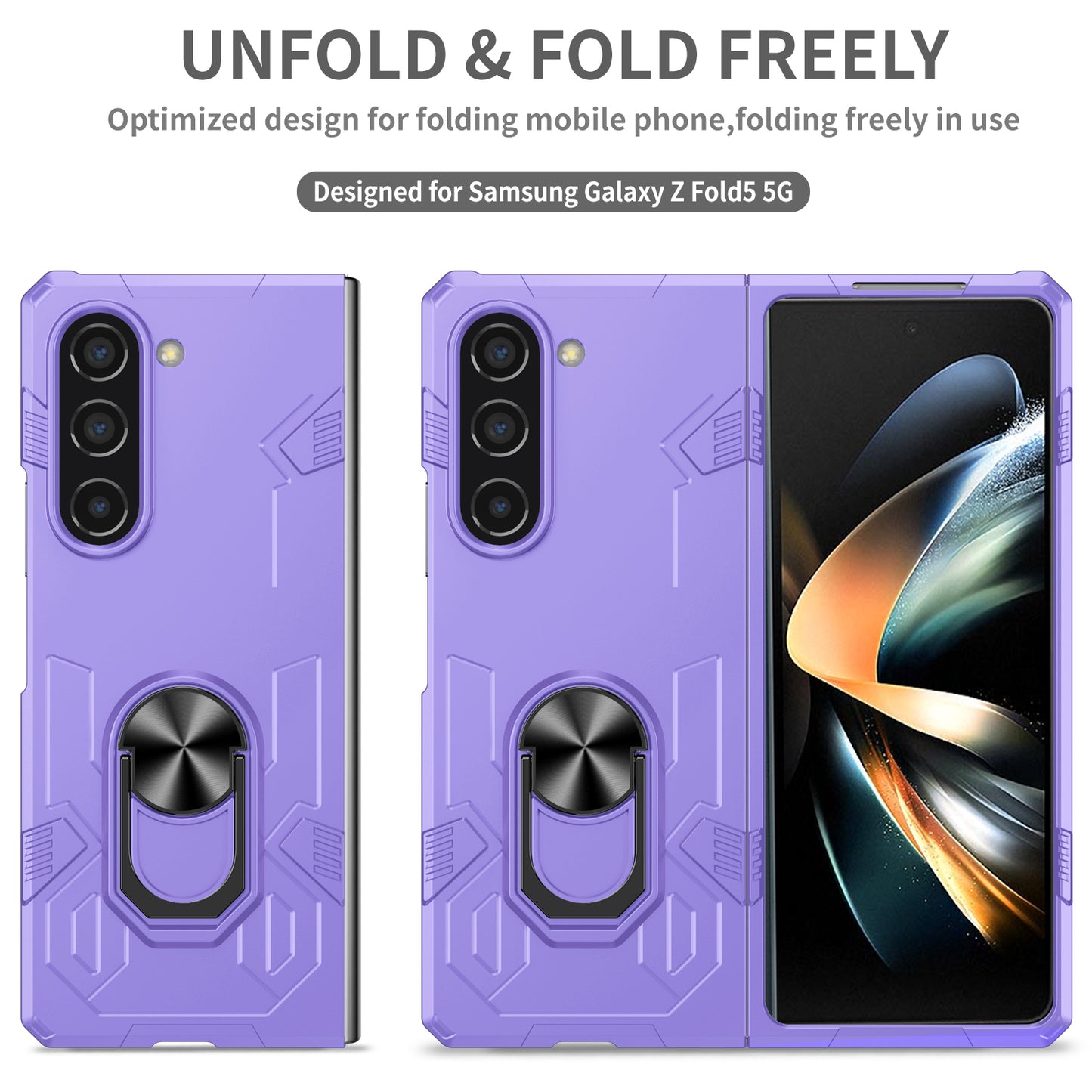 Uniqkart for Samsung Galaxy Z Fold5 5G Ring Kickstand Phone Case Hard PC Anti-drop Cover Support Magnetic Car Mount - Purple
