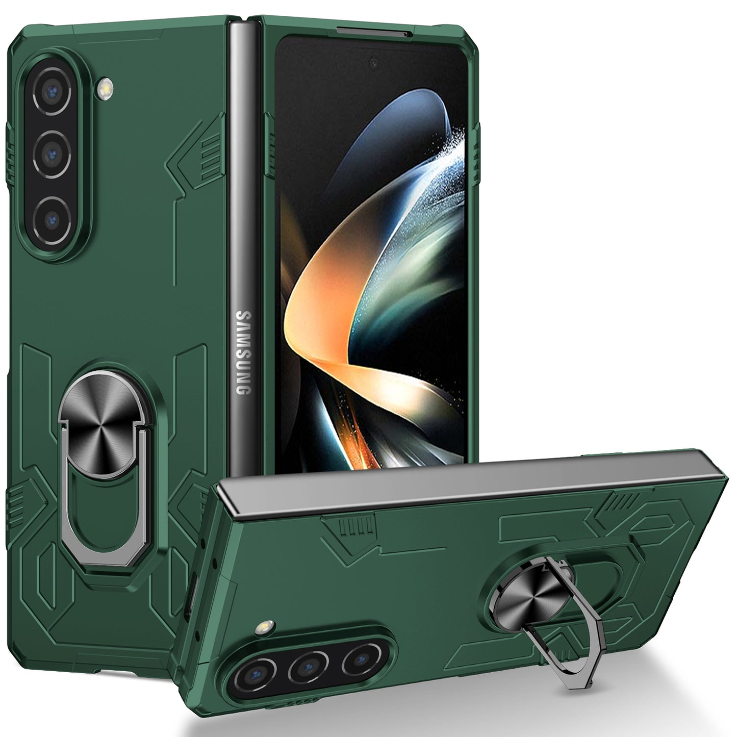 Uniqkart for Samsung Galaxy Z Fold5 5G Ring Kickstand Phone Case Hard PC Anti-drop Cover Support Magnetic Car Mount - Blackish Green