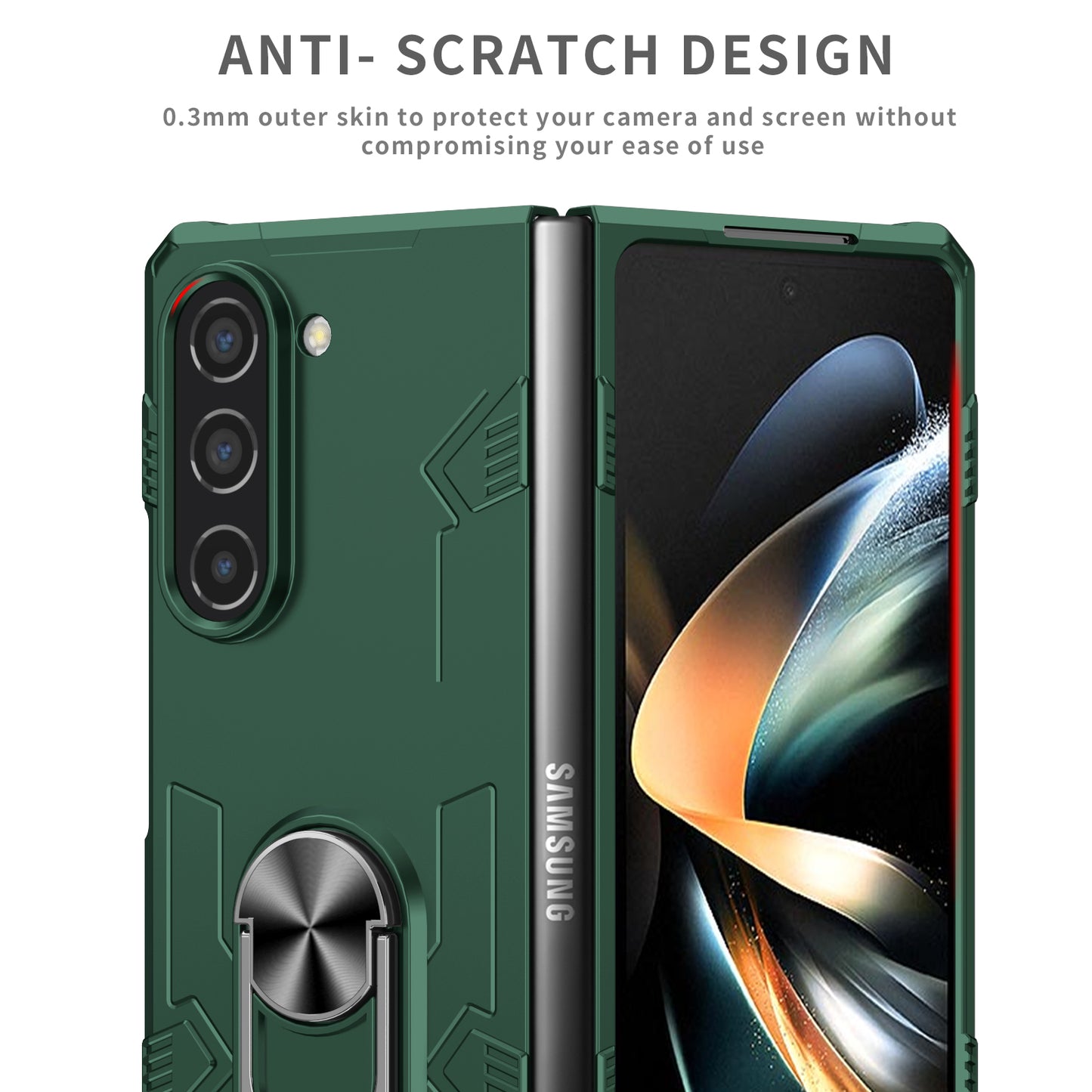 Uniqkart for Samsung Galaxy Z Fold5 5G Ring Kickstand Phone Case Hard PC Anti-drop Cover Support Magnetic Car Mount - Blackish Green