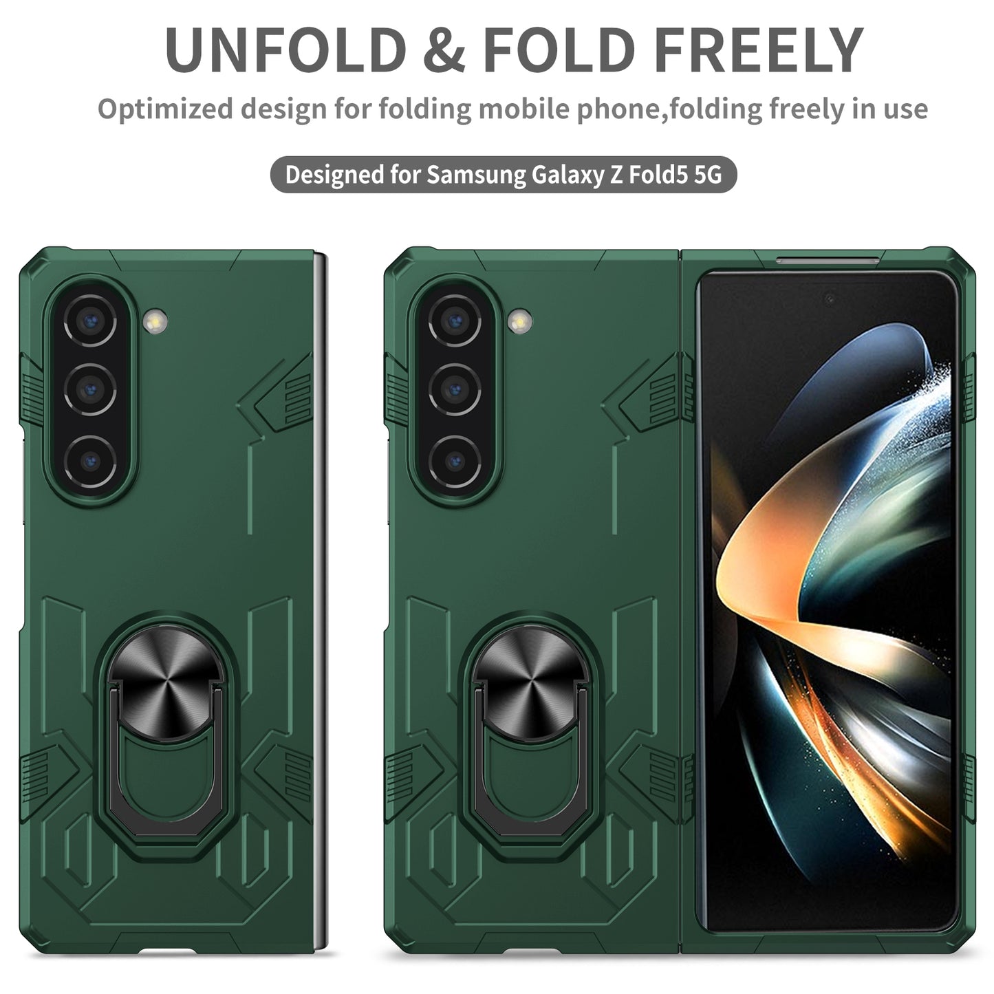 Uniqkart for Samsung Galaxy Z Fold5 5G Ring Kickstand Phone Case Hard PC Anti-drop Cover Support Magnetic Car Mount - Blackish Green