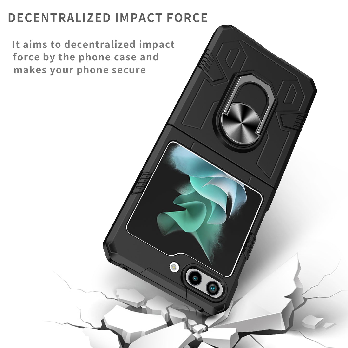 Uniqkart for Galaxy Z Flip5 5G PC Shockproof Cover Ring Kickstand Phone Case Support Magnetic Car Mount - Black