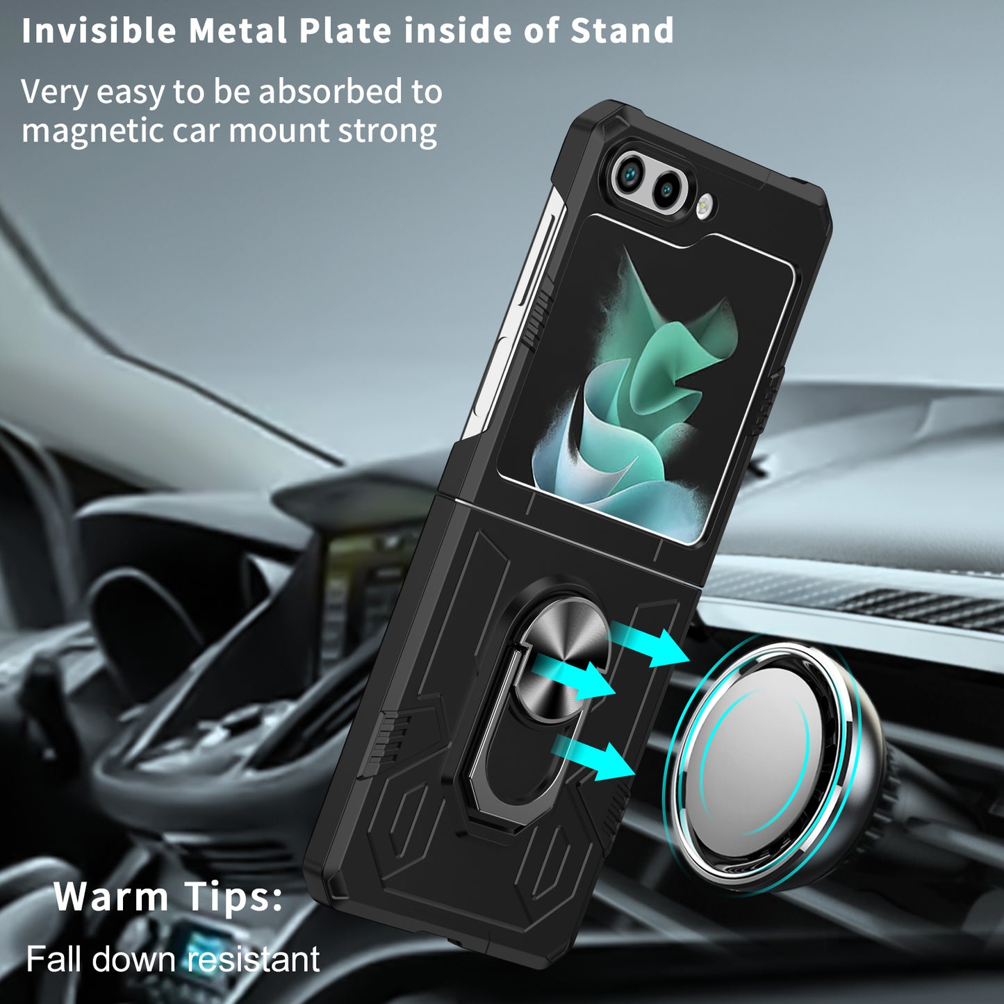 Uniqkart for Galaxy Z Flip5 5G PC Shockproof Cover Ring Kickstand Phone Case Support Magnetic Car Mount - Black