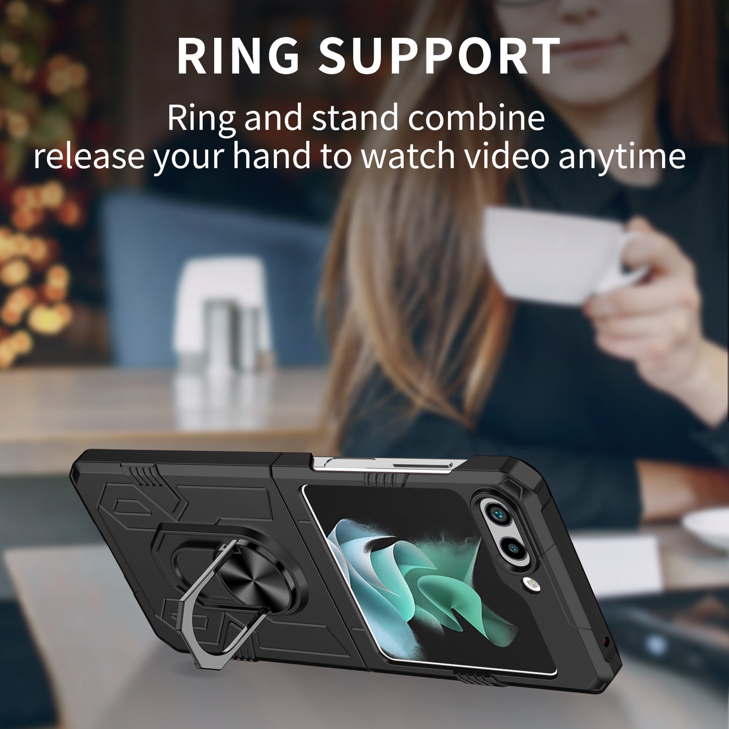 Uniqkart for Galaxy Z Flip5 5G PC Shockproof Cover Ring Kickstand Phone Case Support Magnetic Car Mount - Black