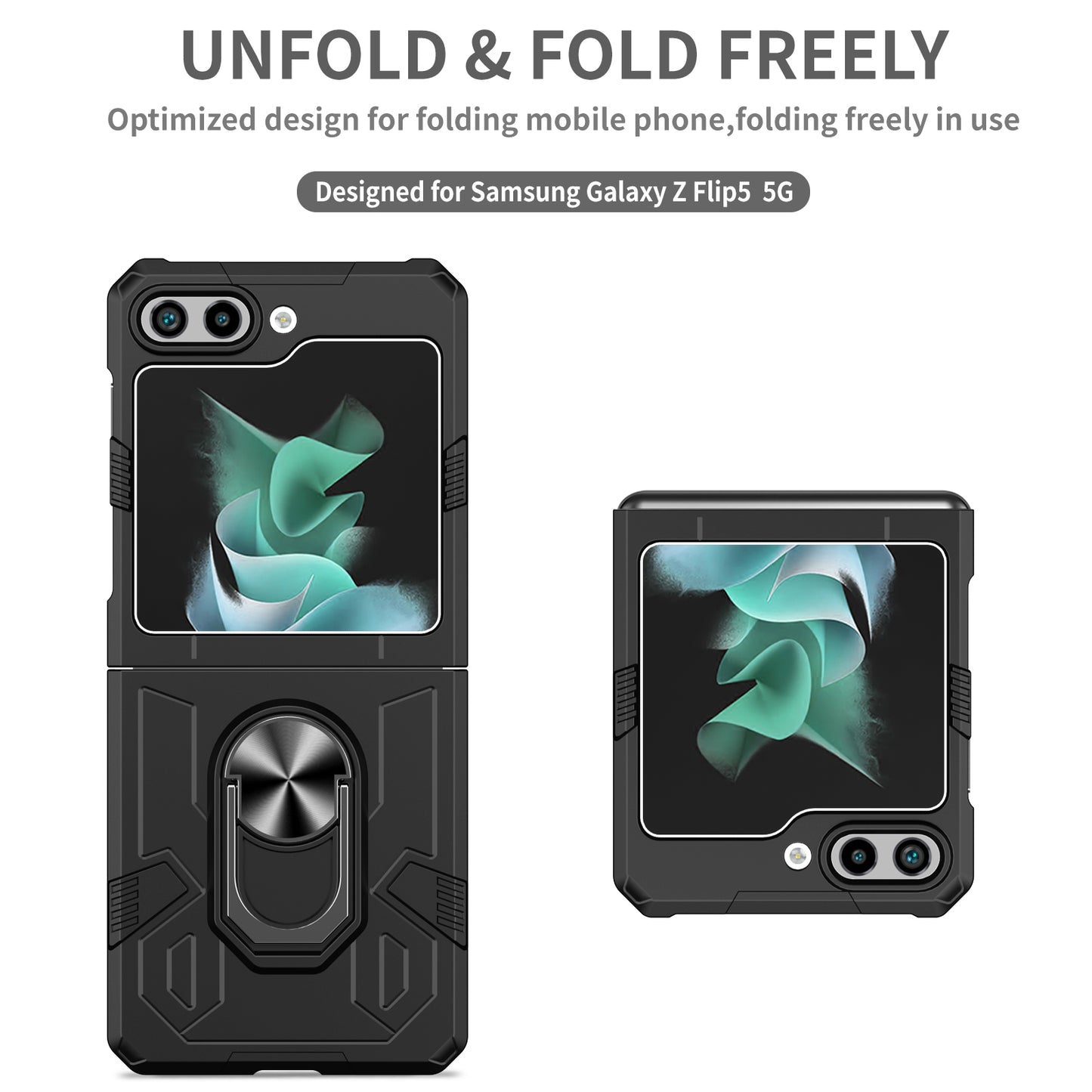 Uniqkart for Galaxy Z Flip5 5G PC Shockproof Cover Ring Kickstand Phone Case Support Magnetic Car Mount - Black
