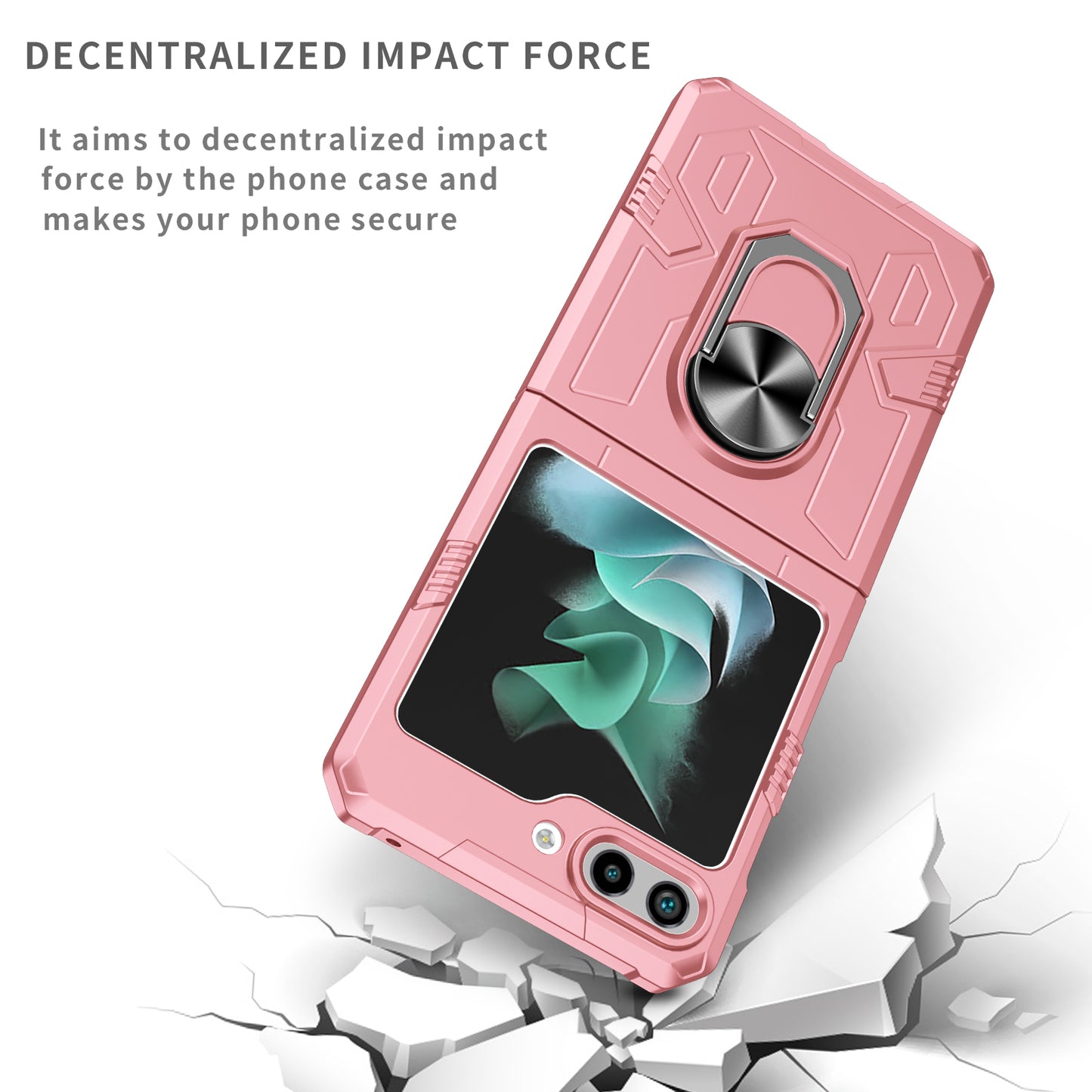 Uniqkart for Galaxy Z Flip5 5G PC Shockproof Cover Ring Kickstand Phone Case Support Magnetic Car Mount - Pink