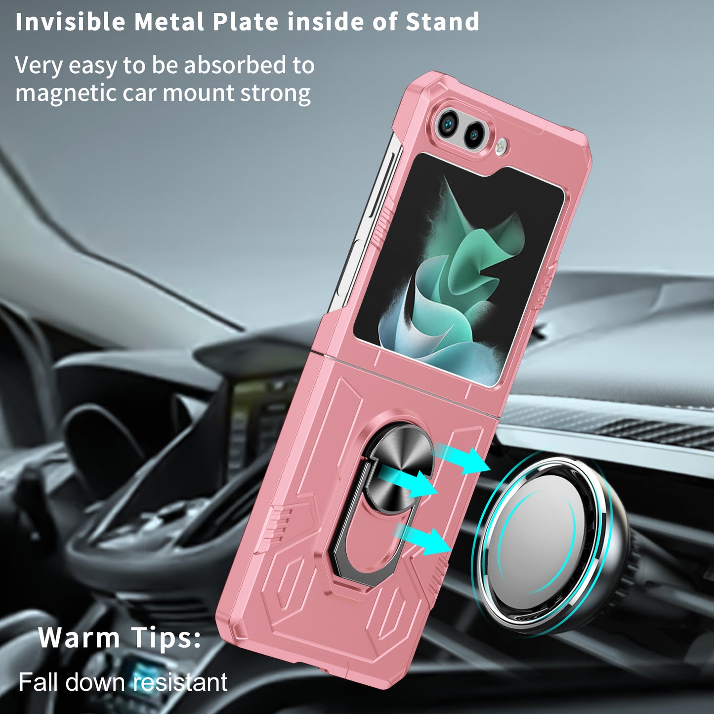Uniqkart for Galaxy Z Flip5 5G PC Shockproof Cover Ring Kickstand Phone Case Support Magnetic Car Mount - Pink