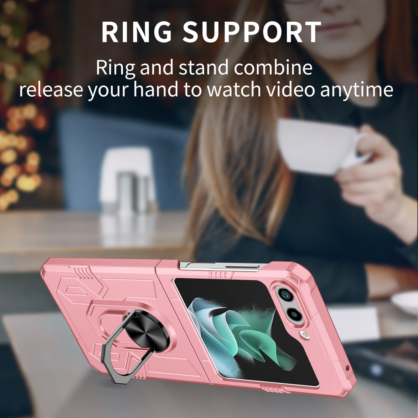 Uniqkart for Galaxy Z Flip5 5G PC Shockproof Cover Ring Kickstand Phone Case Support Magnetic Car Mount - Pink