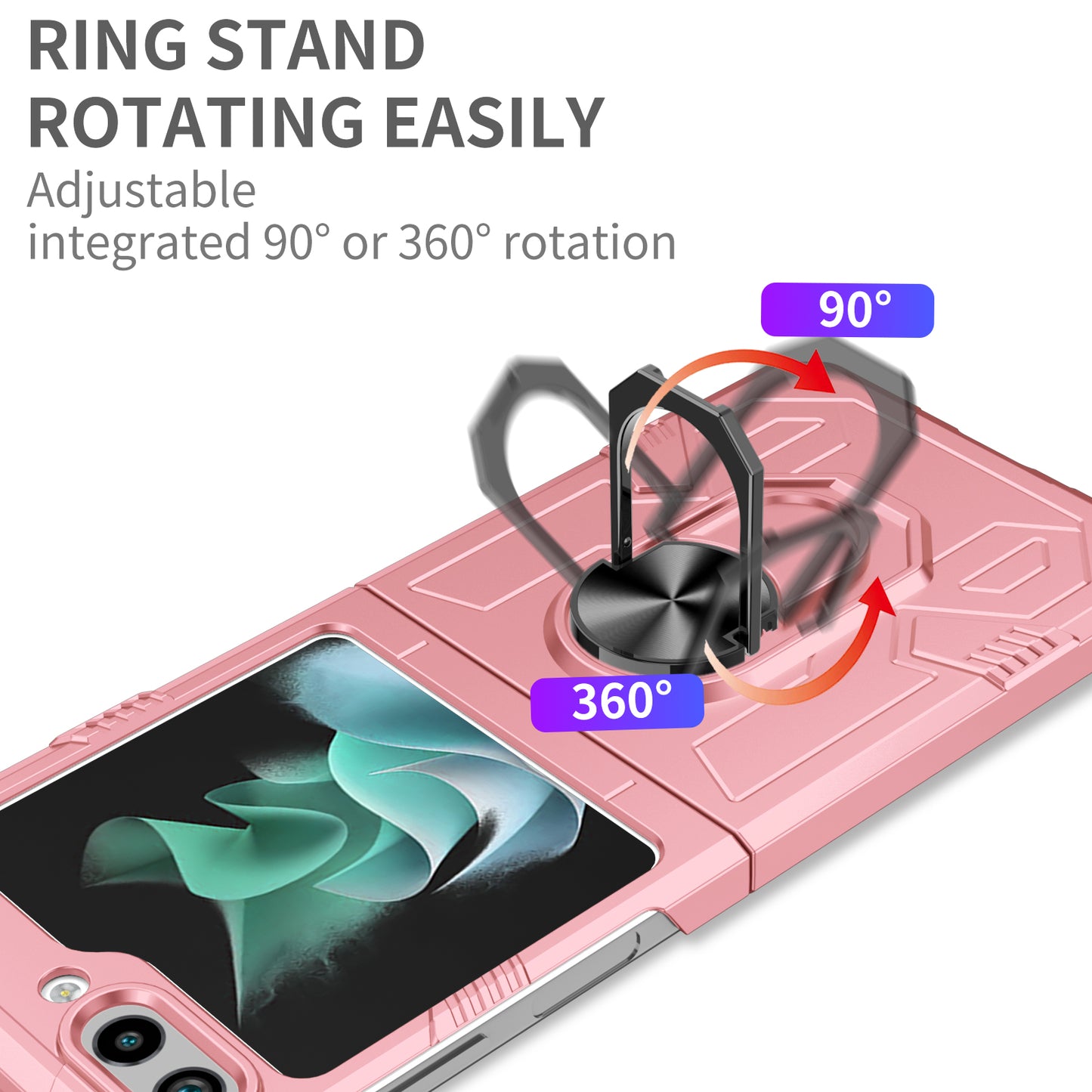 Uniqkart for Galaxy Z Flip5 5G PC Shockproof Cover Ring Kickstand Phone Case Support Magnetic Car Mount - Pink