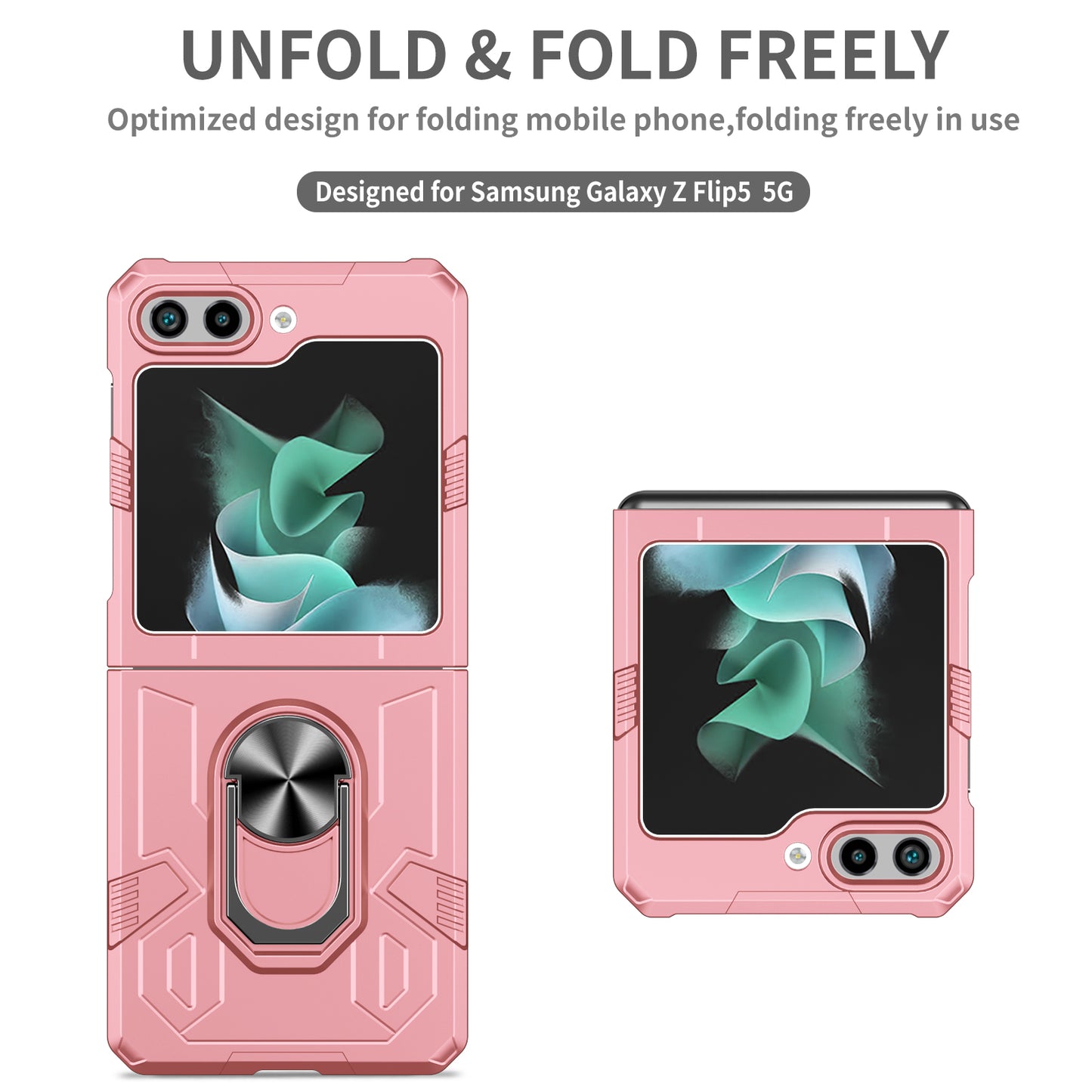 Uniqkart for Galaxy Z Flip5 5G PC Shockproof Cover Ring Kickstand Phone Case Support Magnetic Car Mount - Pink