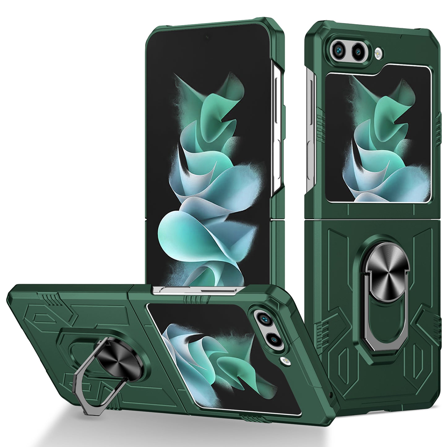 Uniqkart for Galaxy Z Flip5 5G PC Shockproof Cover Ring Kickstand Phone Case Support Magnetic Car Mount - Blackish Green