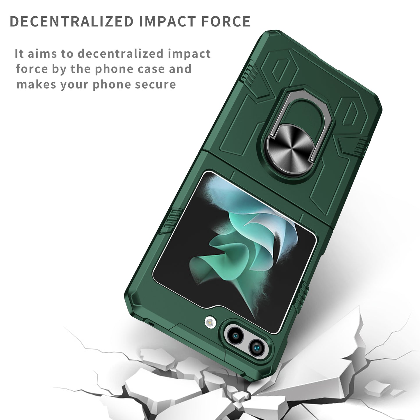 Uniqkart for Galaxy Z Flip5 5G PC Shockproof Cover Ring Kickstand Phone Case Support Magnetic Car Mount - Blackish Green