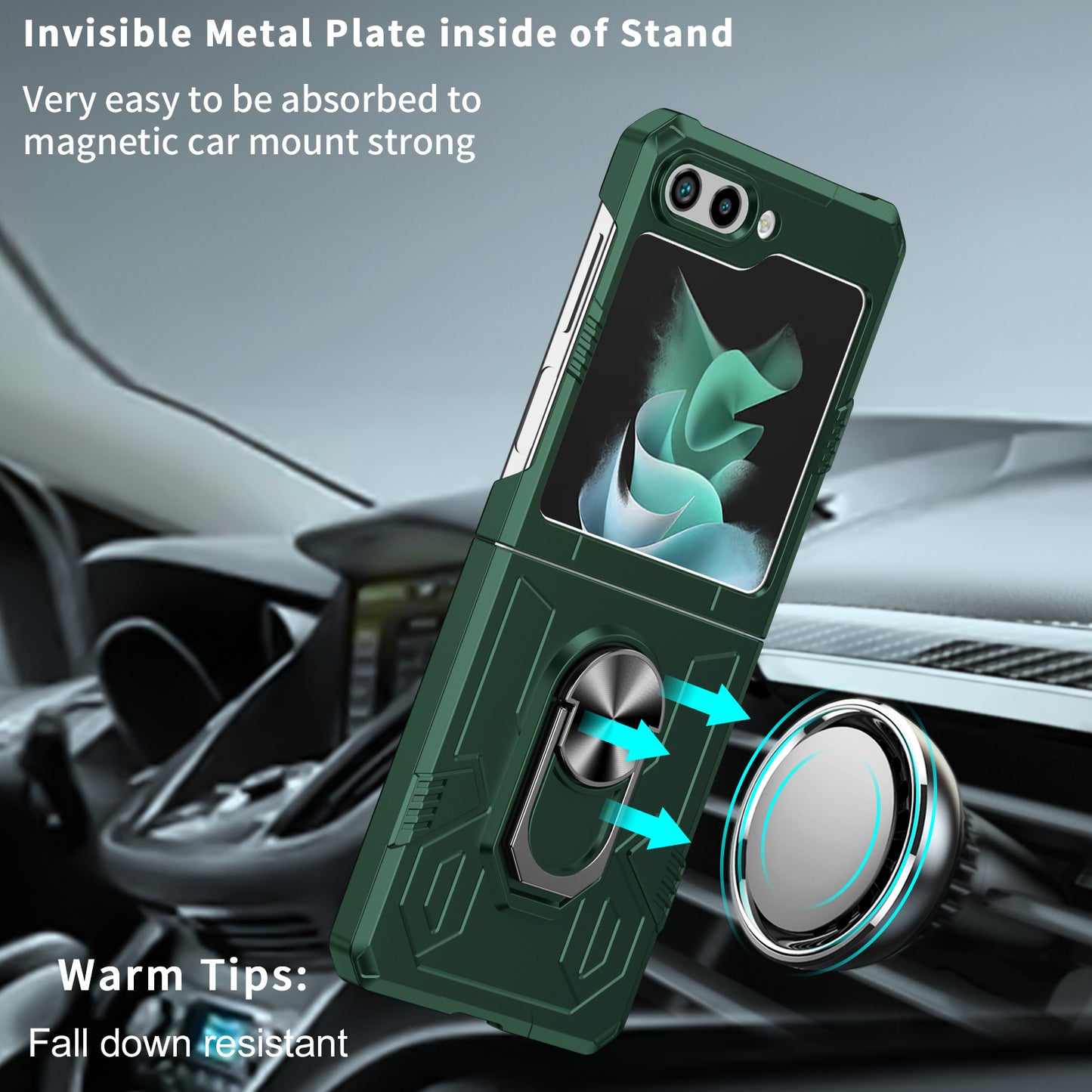 Uniqkart for Galaxy Z Flip5 5G PC Shockproof Cover Ring Kickstand Phone Case Support Magnetic Car Mount - Blackish Green
