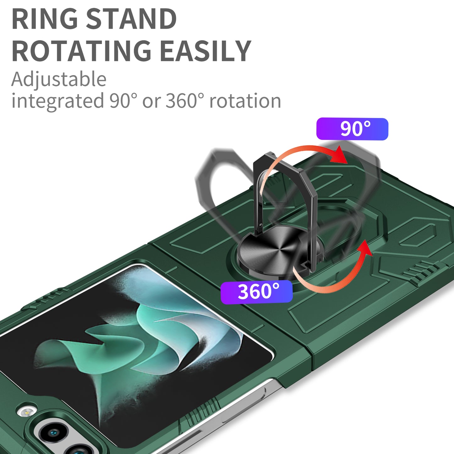 Uniqkart for Galaxy Z Flip5 5G PC Shockproof Cover Ring Kickstand Phone Case Support Magnetic Car Mount - Blackish Green