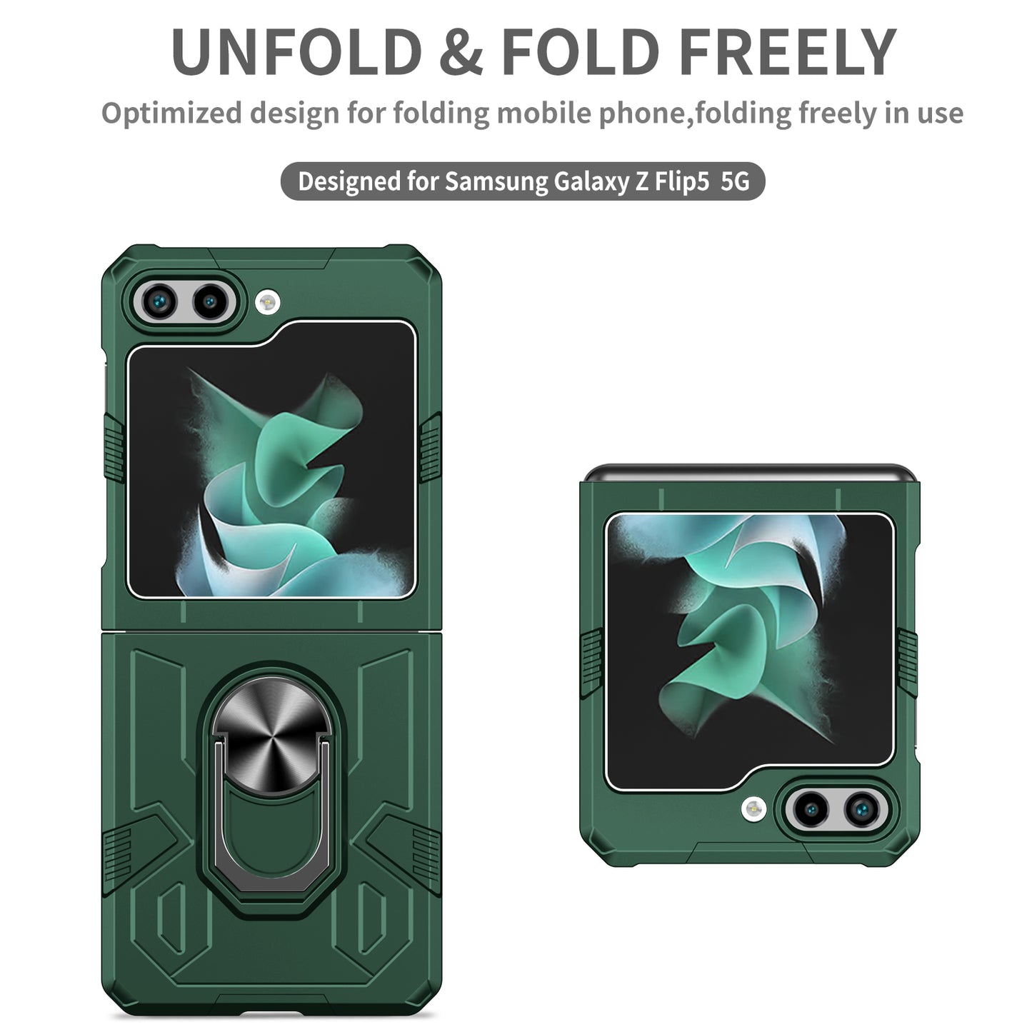 Uniqkart for Galaxy Z Flip5 5G PC Shockproof Cover Ring Kickstand Phone Case Support Magnetic Car Mount - Blackish Green