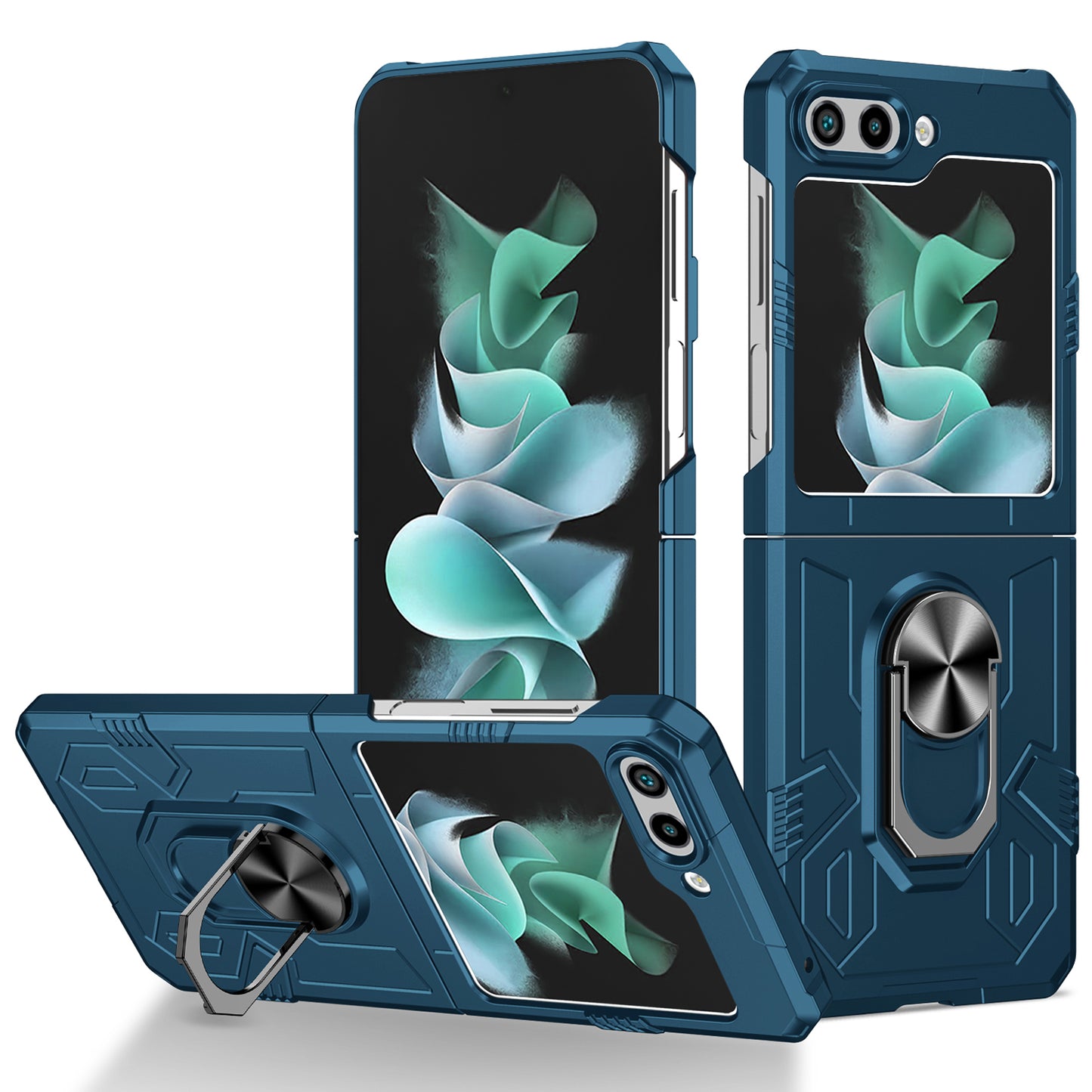 Uniqkart for Galaxy Z Flip5 5G PC Shockproof Cover Ring Kickstand Phone Case Support Magnetic Car Mount - Blue