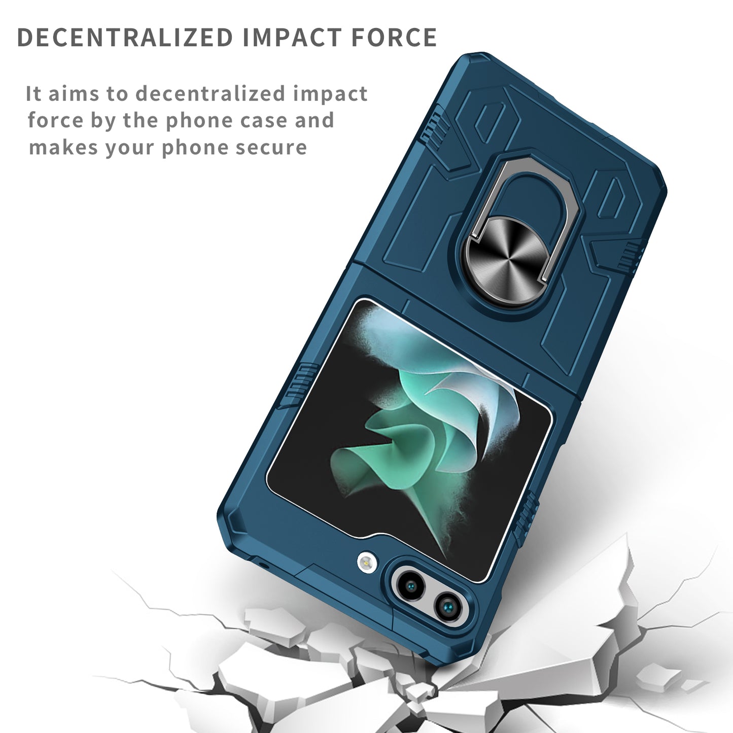 Uniqkart for Galaxy Z Flip5 5G PC Shockproof Cover Ring Kickstand Phone Case Support Magnetic Car Mount - Blue