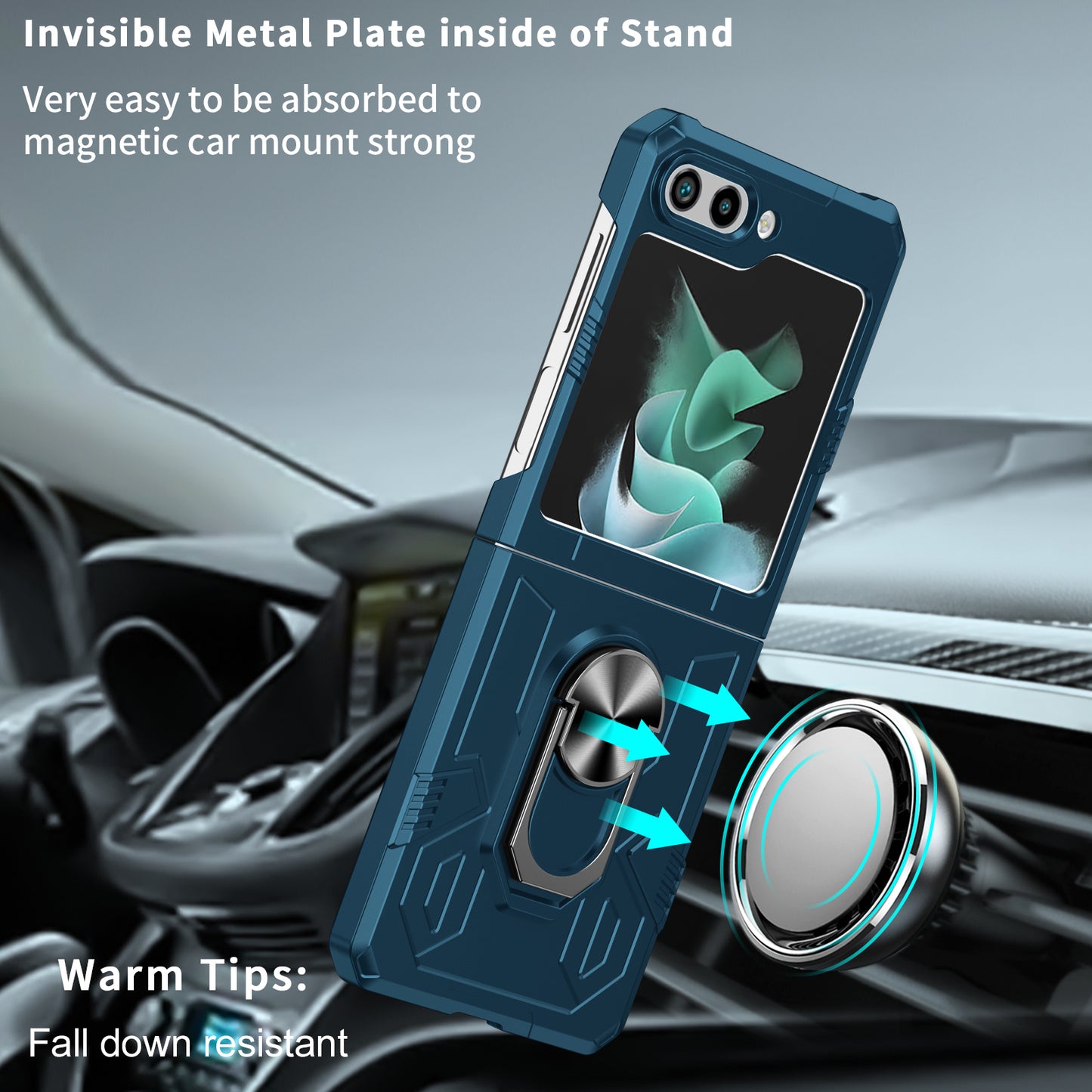 Uniqkart for Galaxy Z Flip5 5G PC Shockproof Cover Ring Kickstand Phone Case Support Magnetic Car Mount - Blue