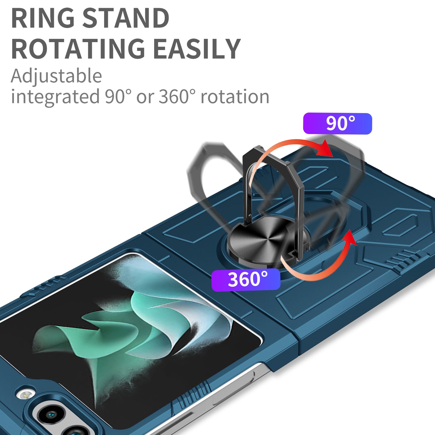 Uniqkart for Galaxy Z Flip5 5G PC Shockproof Cover Ring Kickstand Phone Case Support Magnetic Car Mount - Blue
