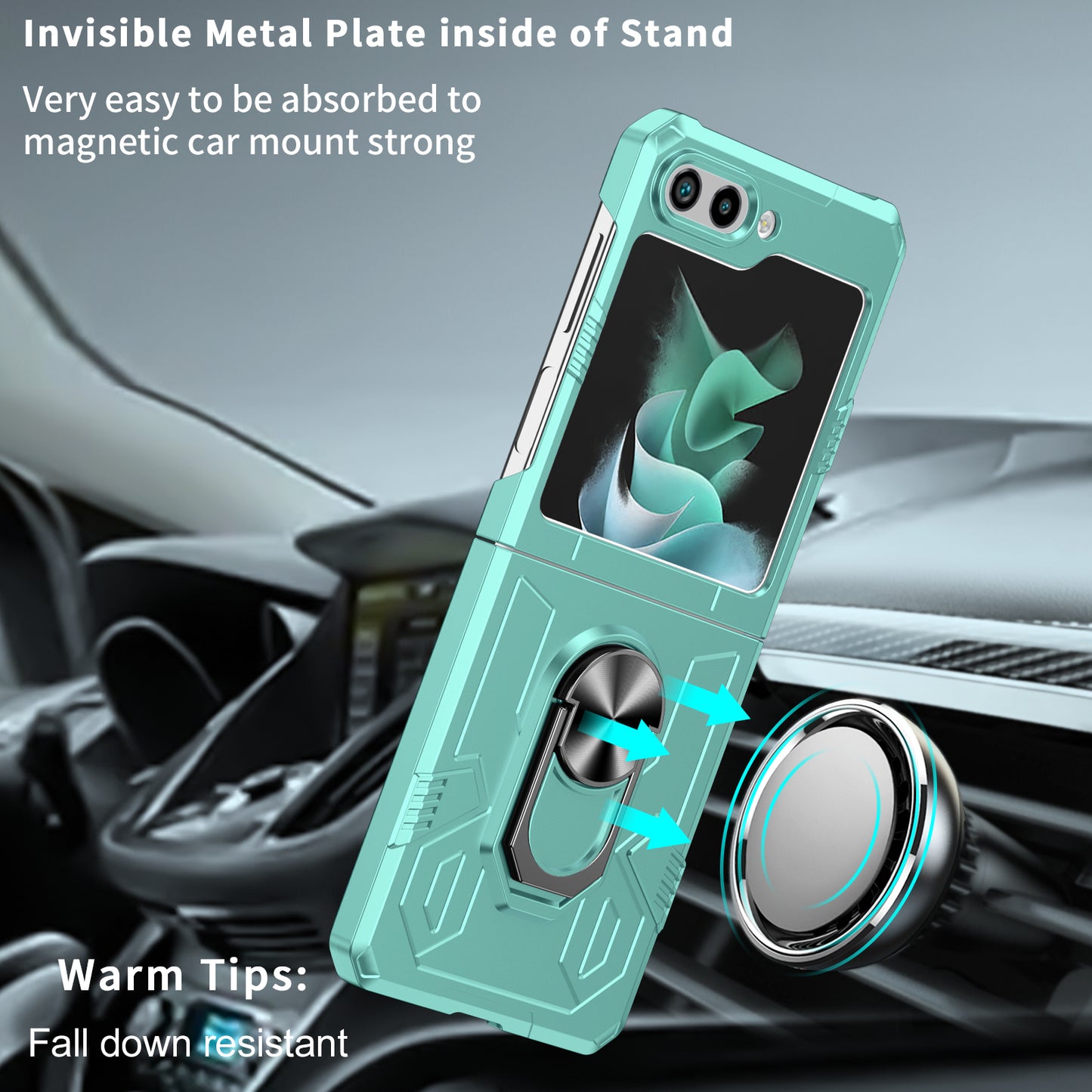 Uniqkart for Galaxy Z Flip5 5G PC Shockproof Cover Ring Kickstand Phone Case Support Magnetic Car Mount - Green