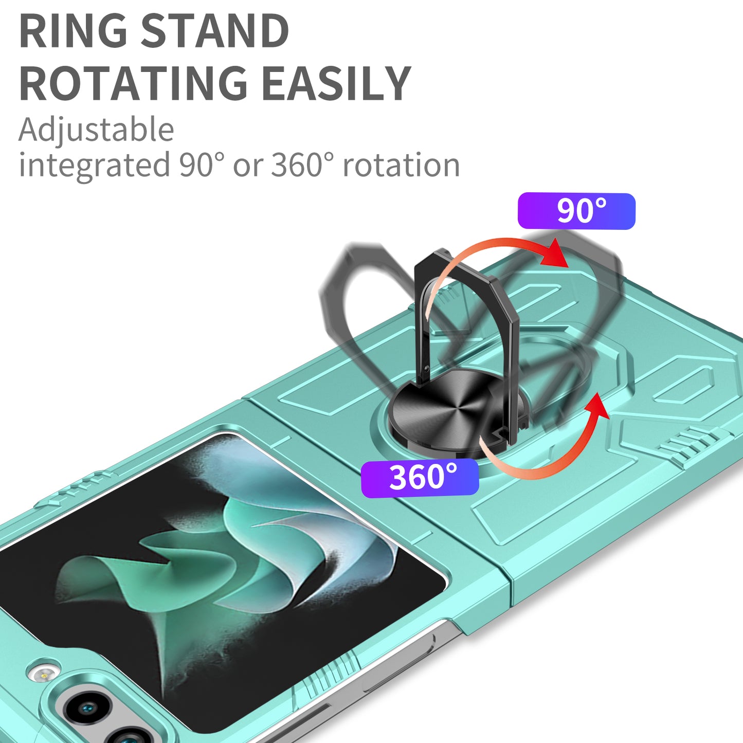 Uniqkart for Galaxy Z Flip5 5G PC Shockproof Cover Ring Kickstand Phone Case Support Magnetic Car Mount - Green