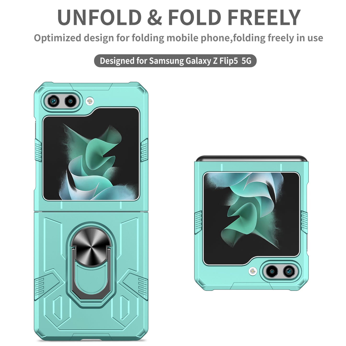 Uniqkart for Galaxy Z Flip5 5G PC Shockproof Cover Ring Kickstand Phone Case Support Magnetic Car Mount - Green