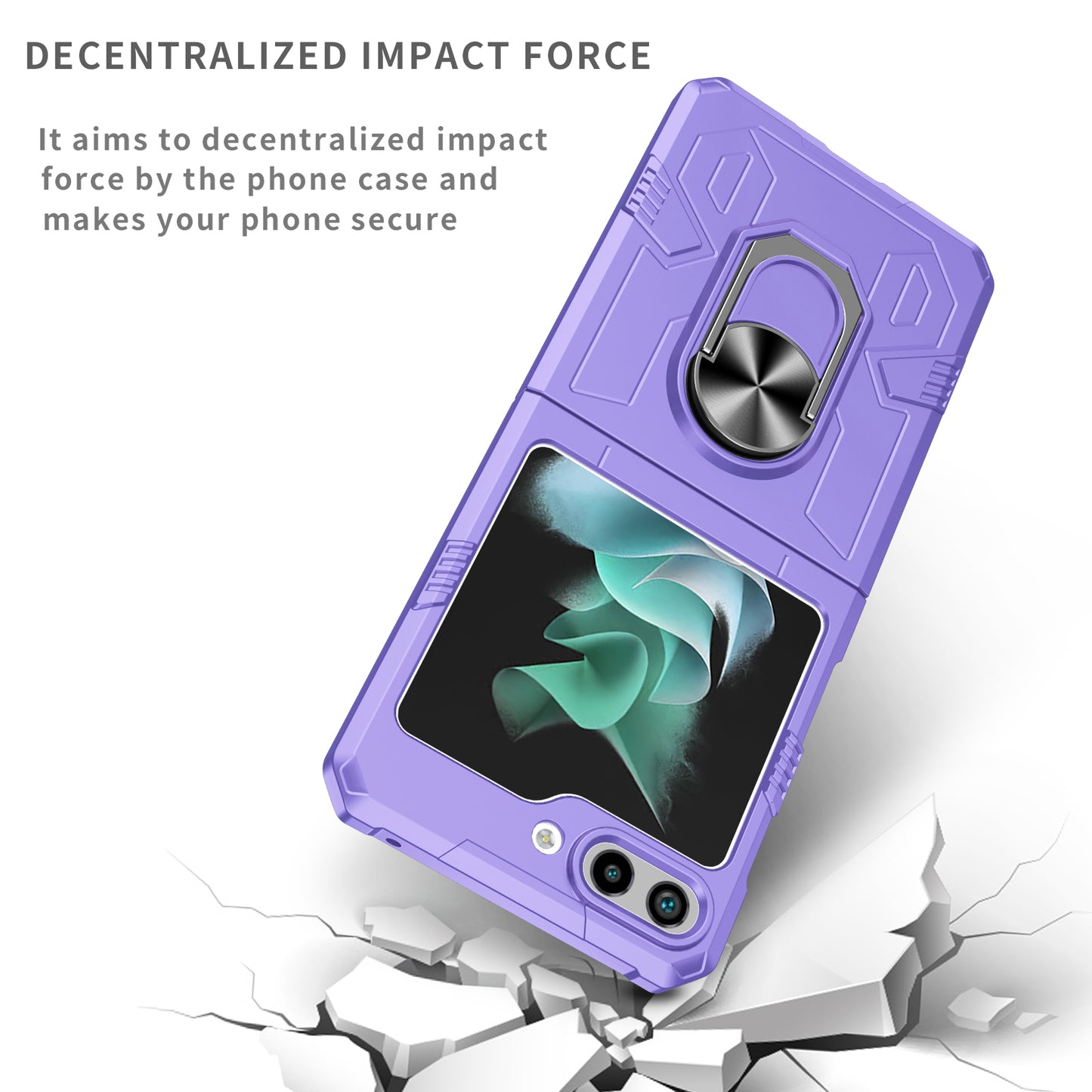 Uniqkart for Galaxy Z Flip5 5G PC Shockproof Cover Ring Kickstand Phone Case Support Magnetic Car Mount - Purple