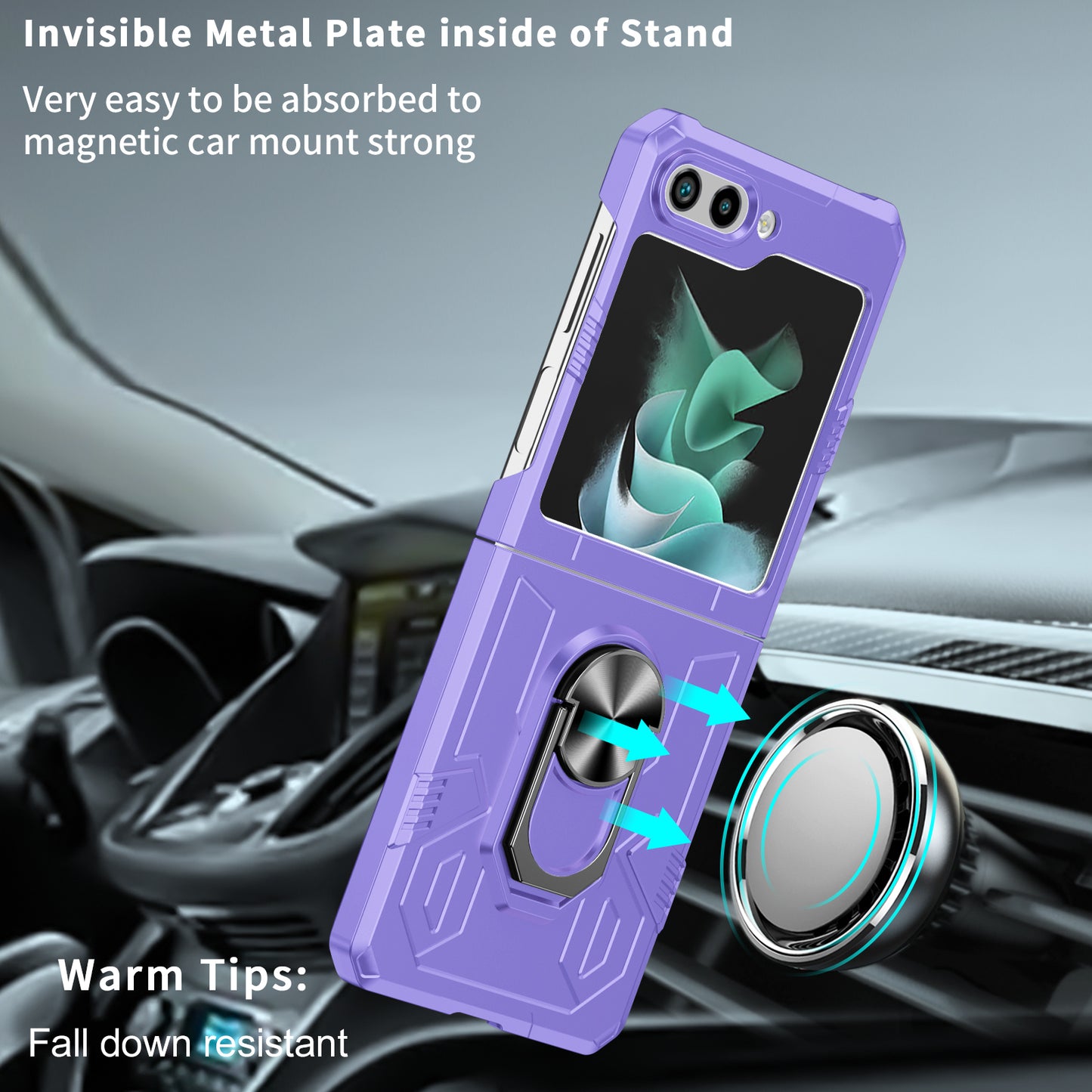 Uniqkart for Galaxy Z Flip5 5G PC Shockproof Cover Ring Kickstand Phone Case Support Magnetic Car Mount - Purple