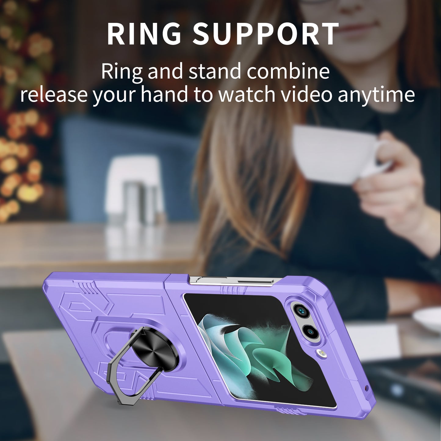 Uniqkart for Galaxy Z Flip5 5G PC Shockproof Cover Ring Kickstand Phone Case Support Magnetic Car Mount - Purple
