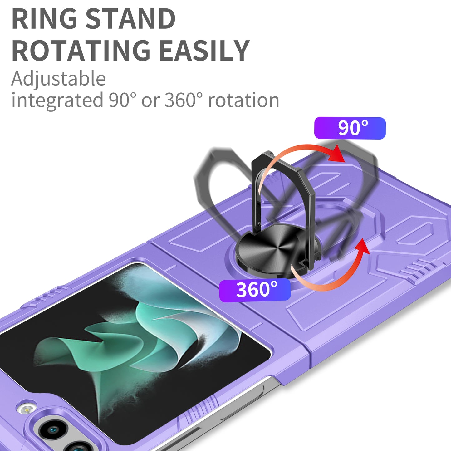 Uniqkart for Galaxy Z Flip5 5G PC Shockproof Cover Ring Kickstand Phone Case Support Magnetic Car Mount - Purple