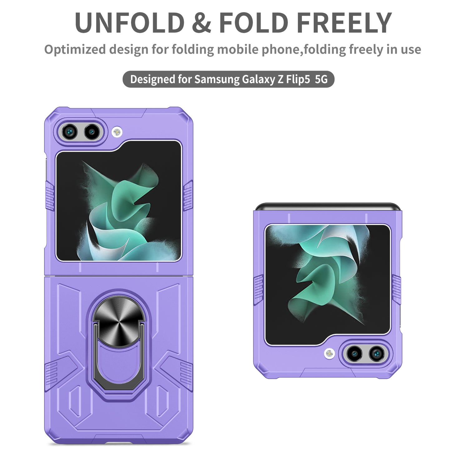 Uniqkart for Galaxy Z Flip5 5G PC Shockproof Cover Ring Kickstand Phone Case Support Magnetic Car Mount - Purple