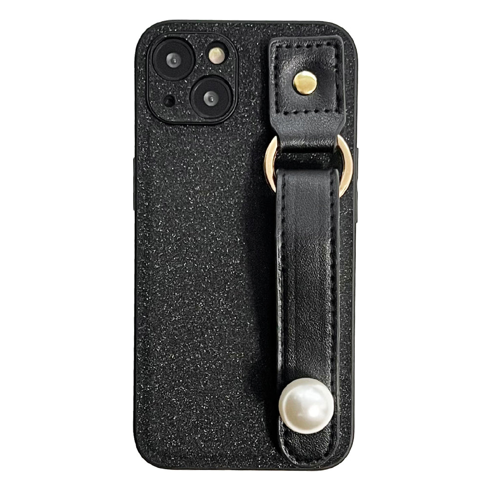 Uniqkart for iPhone 13 PU Leather+TPU Phone Case Pearl Decor Wristband Drop Protection Black Phone Back Shell