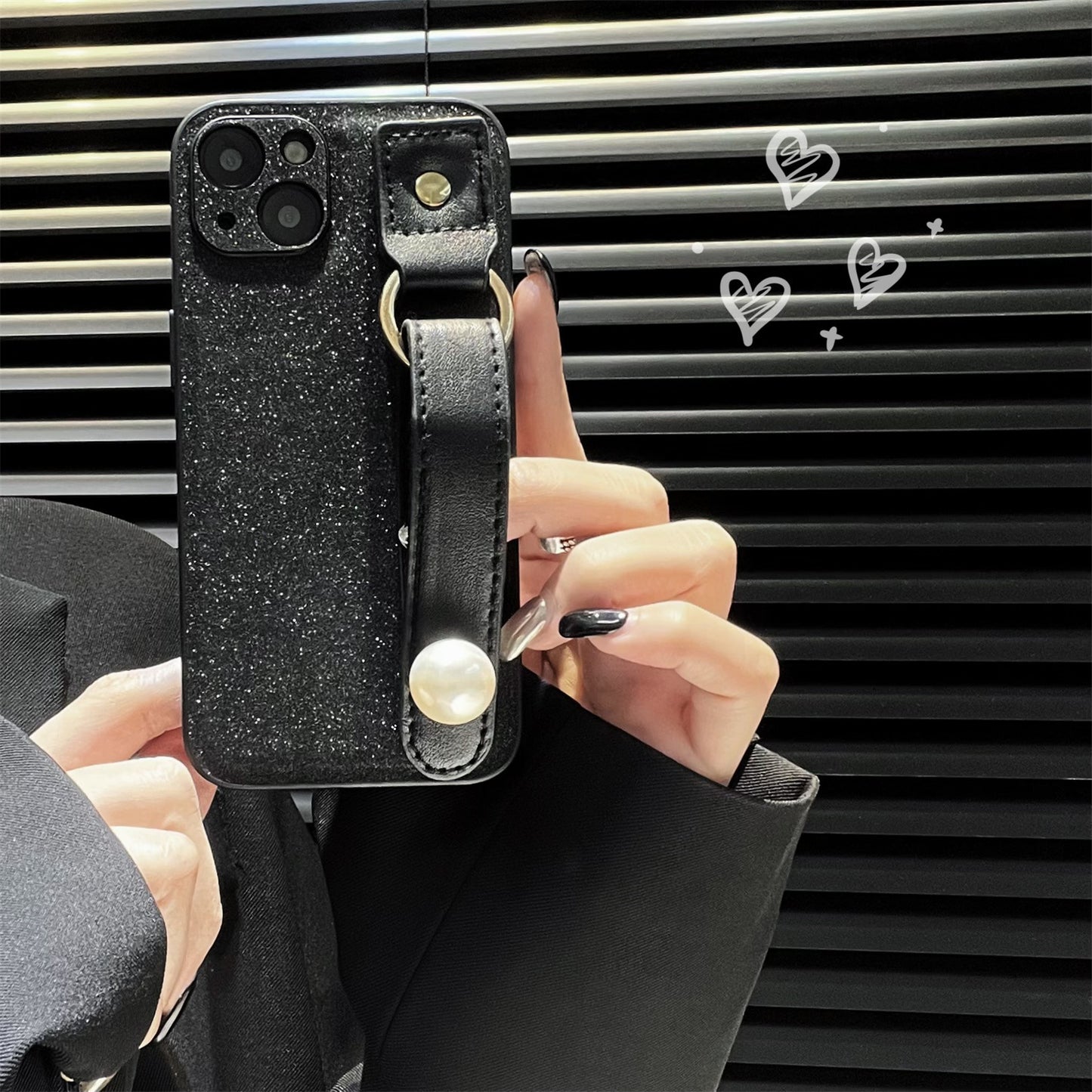 Uniqkart for iPhone 13 PU Leather+TPU Phone Case Pearl Decor Wristband Drop Protection Black Phone Back Shell