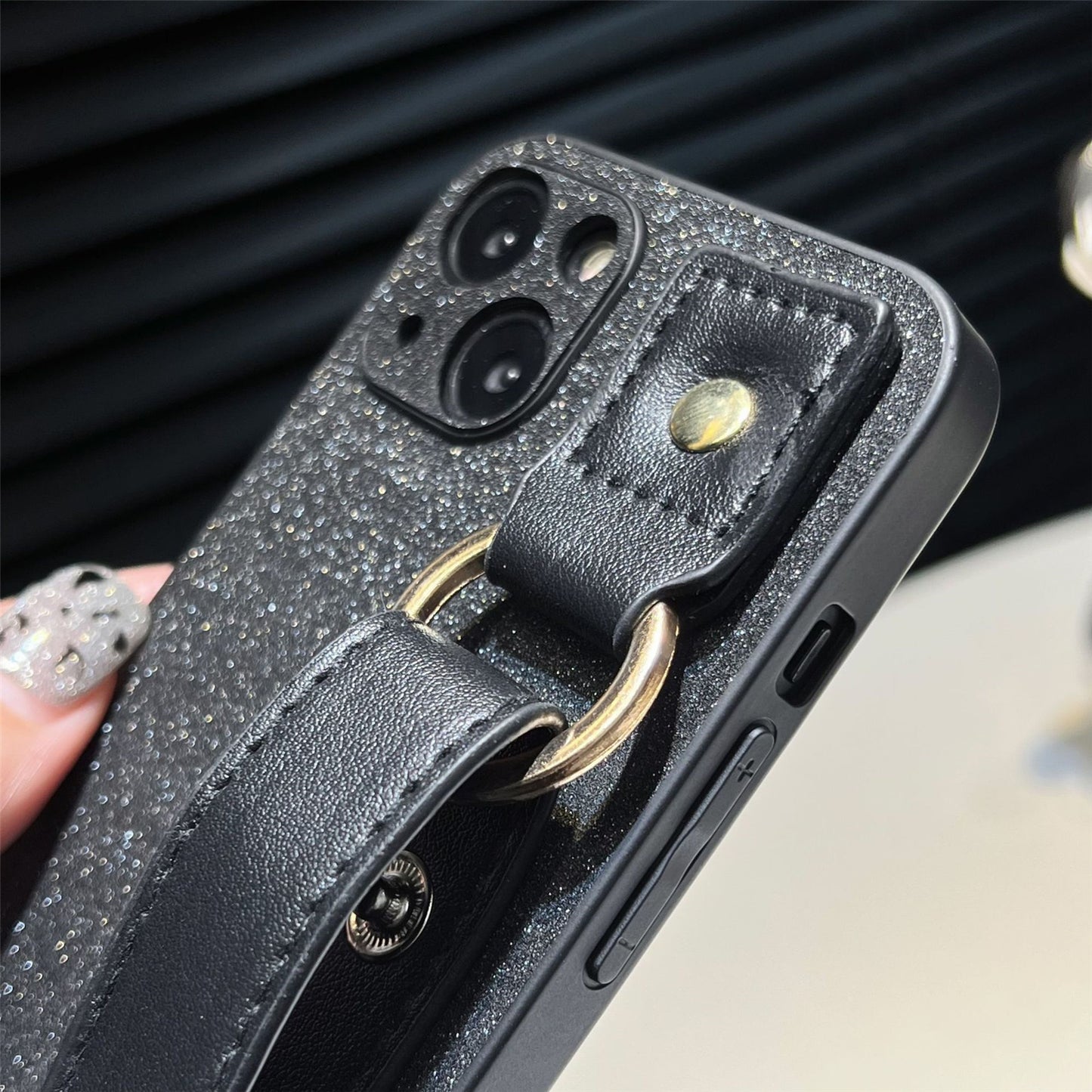 Uniqkart for iPhone 13 PU Leather+TPU Phone Case Pearl Decor Wristband Drop Protection Black Phone Back Shell