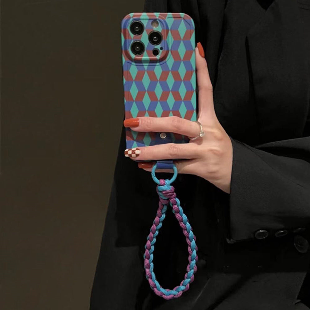 Uniqkart for iPhone 12 Pro Max Shockproof Phone Cover Splicing Rhombus Pattern TPU Phone Case with Wrist Strap