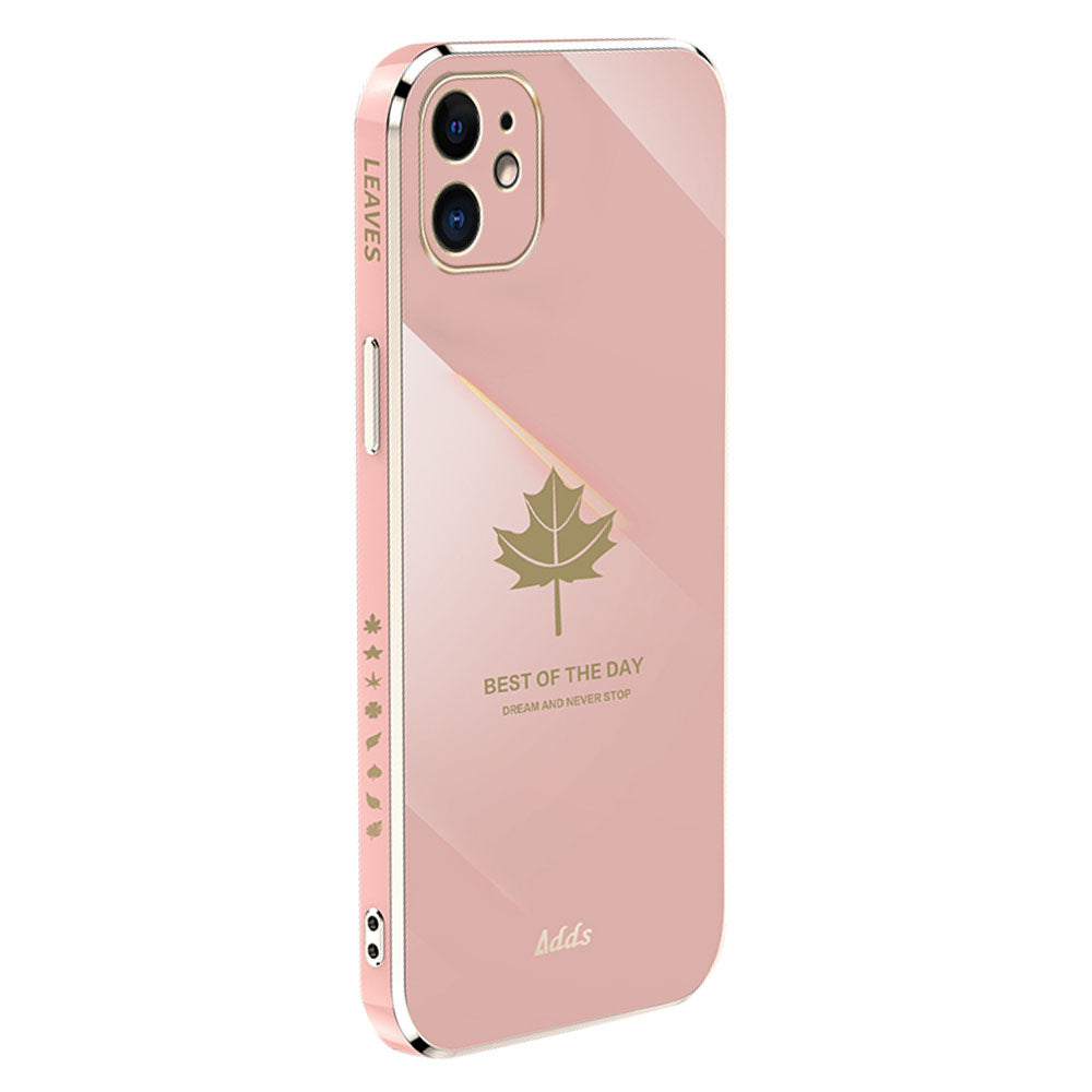 Uniqkart for iPhone 12 mini 5.4 inch Straight Edge TPU Cover 6D Electroplated Maple Leaf Phone Case - Pink
