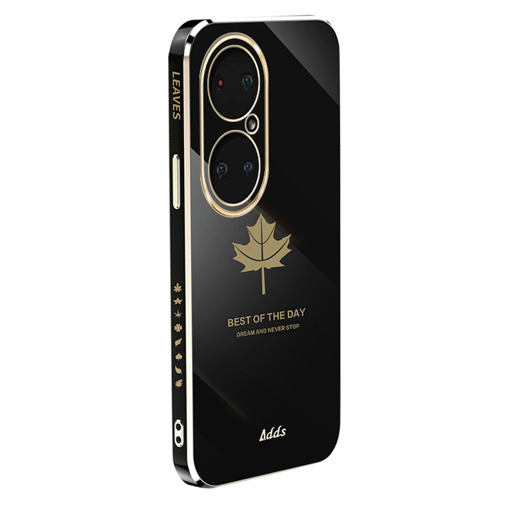 Straight Edge Phone Case for Huawei P50 Pro 4G Electroplated Maple Leaf TPU Cover - Black