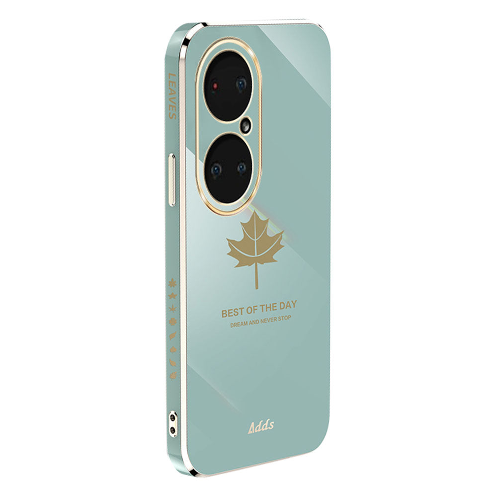 Straight Edge Phone Case for Huawei P50 Pro 4G Electroplated Maple Leaf TPU Cover - Green