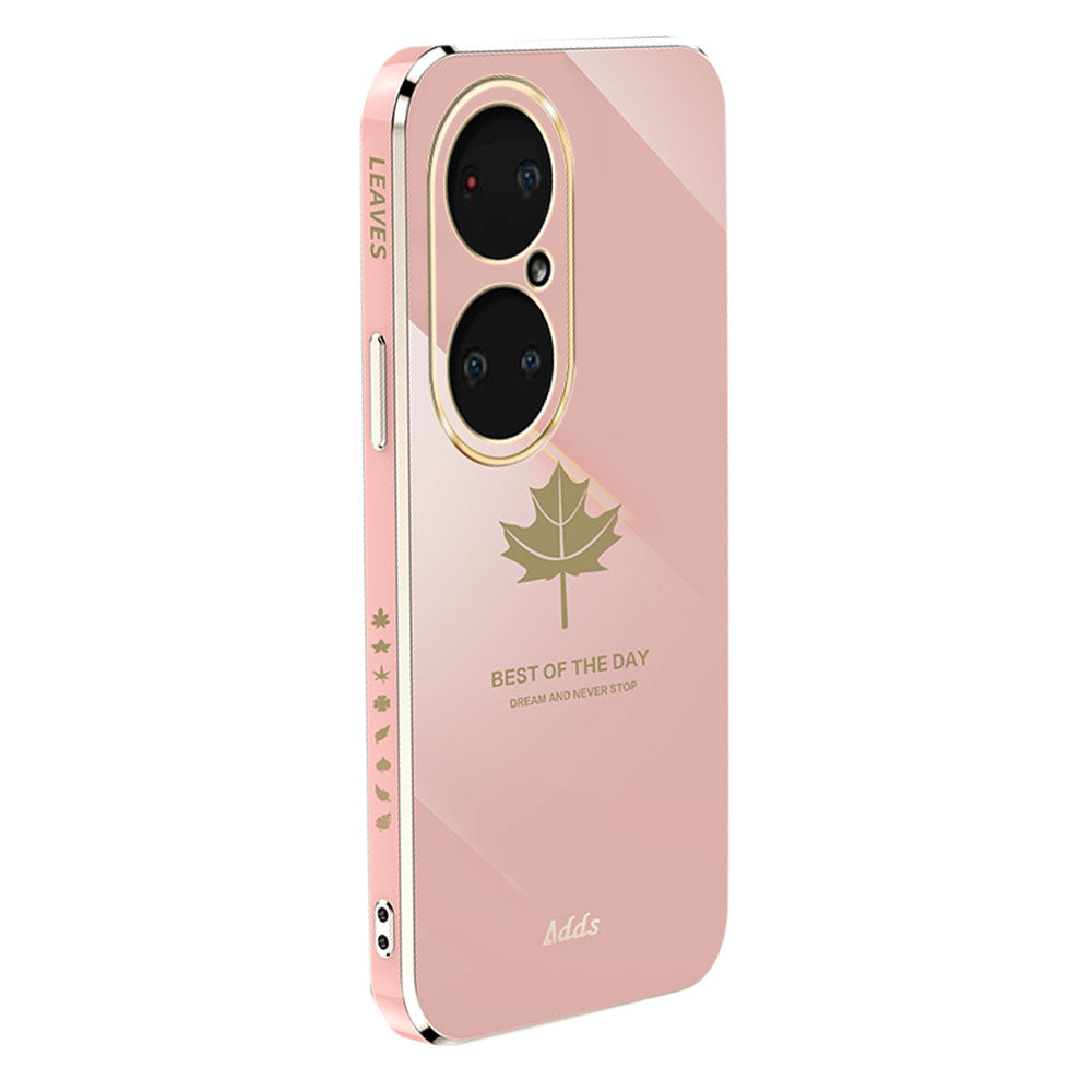 Straight Edge Phone Case for Huawei P50 Pro 4G Electroplated Maple Leaf TPU Cover - Pink