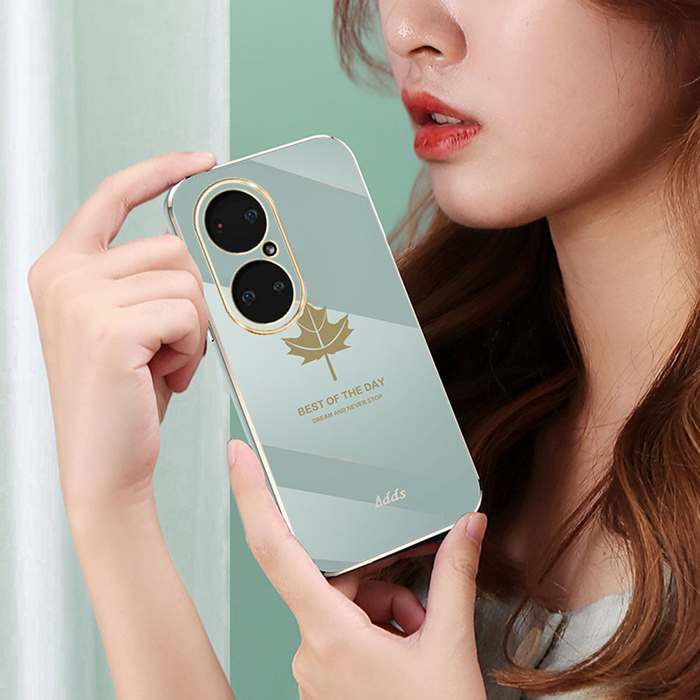 Straight Edge Phone Case for Huawei P50 Pro 4G Electroplated Maple Leaf TPU Cover - Pink