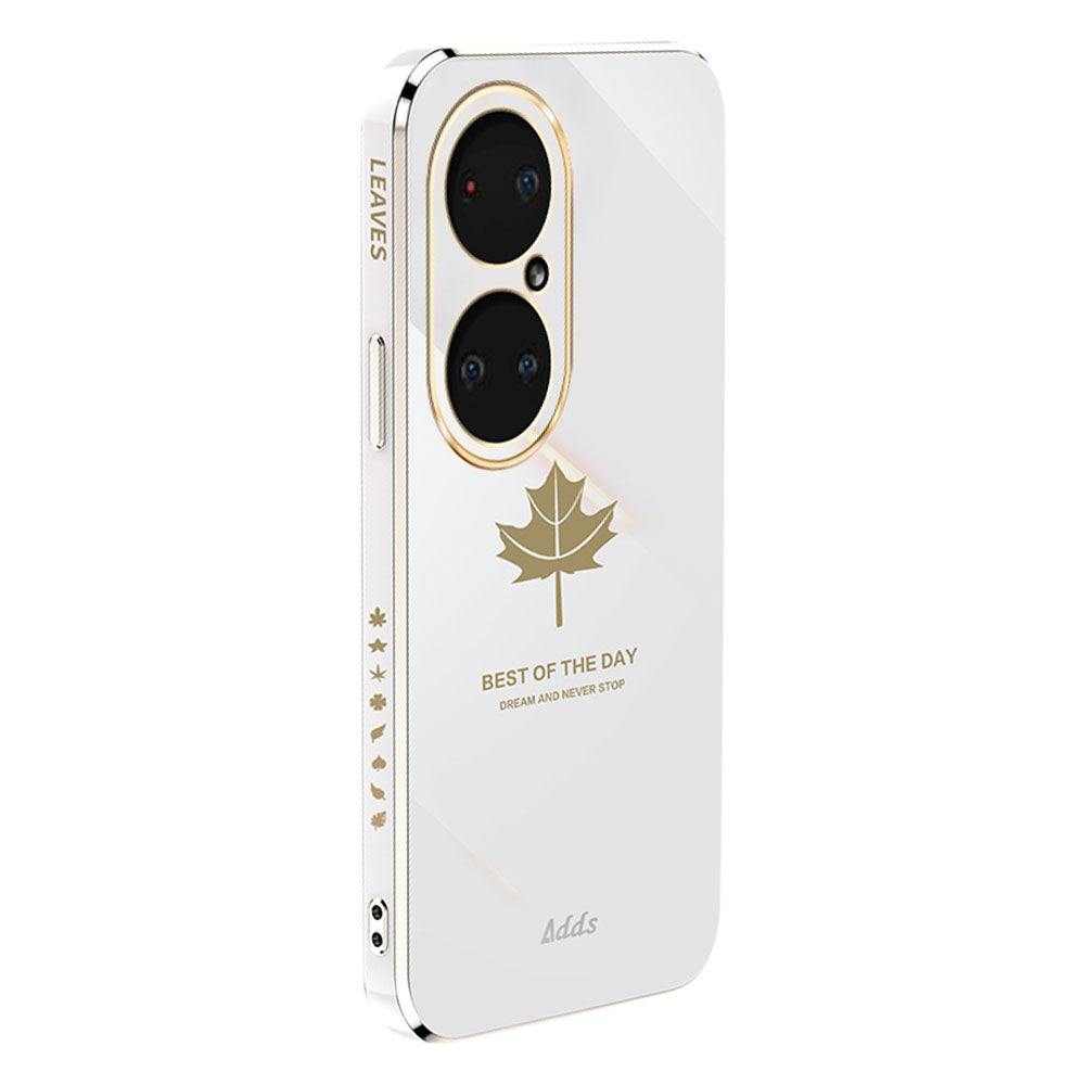 Straight Edge Phone Case for Huawei P50 Pro 4G Electroplated Maple Leaf TPU Cover - White