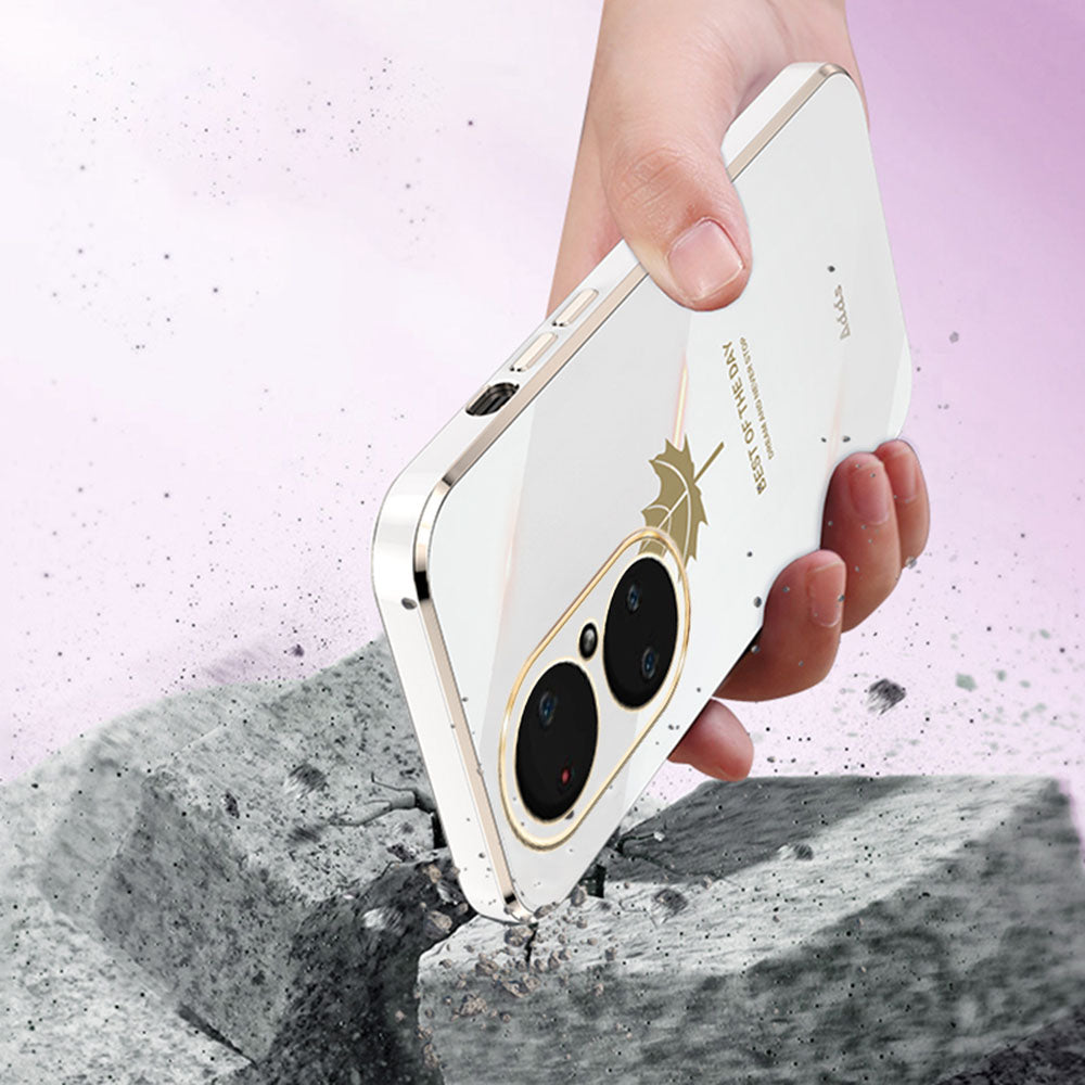 Straight Edge Phone Case for Huawei P50 Pro 4G Electroplated Maple Leaf TPU Cover - White