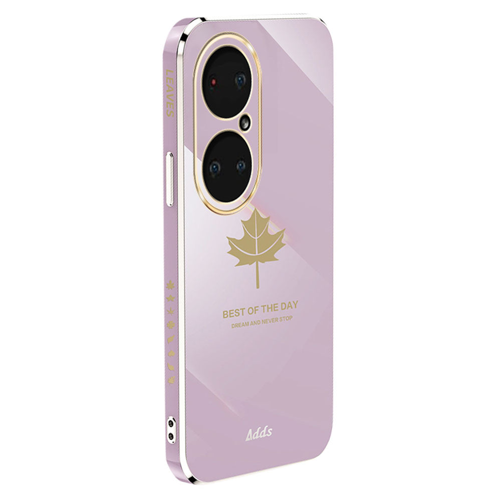 Straight Edge Phone Case for Huawei P50 Pro 4G Electroplated Maple Leaf TPU Cover - Purple