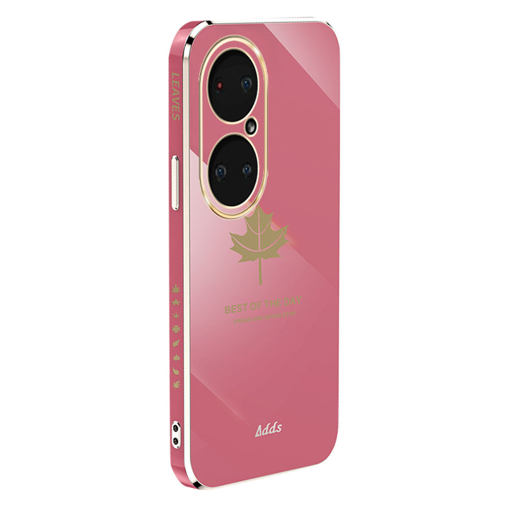 Straight Edge Phone Case for Huawei P50 Pro 4G Electroplated Maple Leaf TPU Cover - Camellia Red