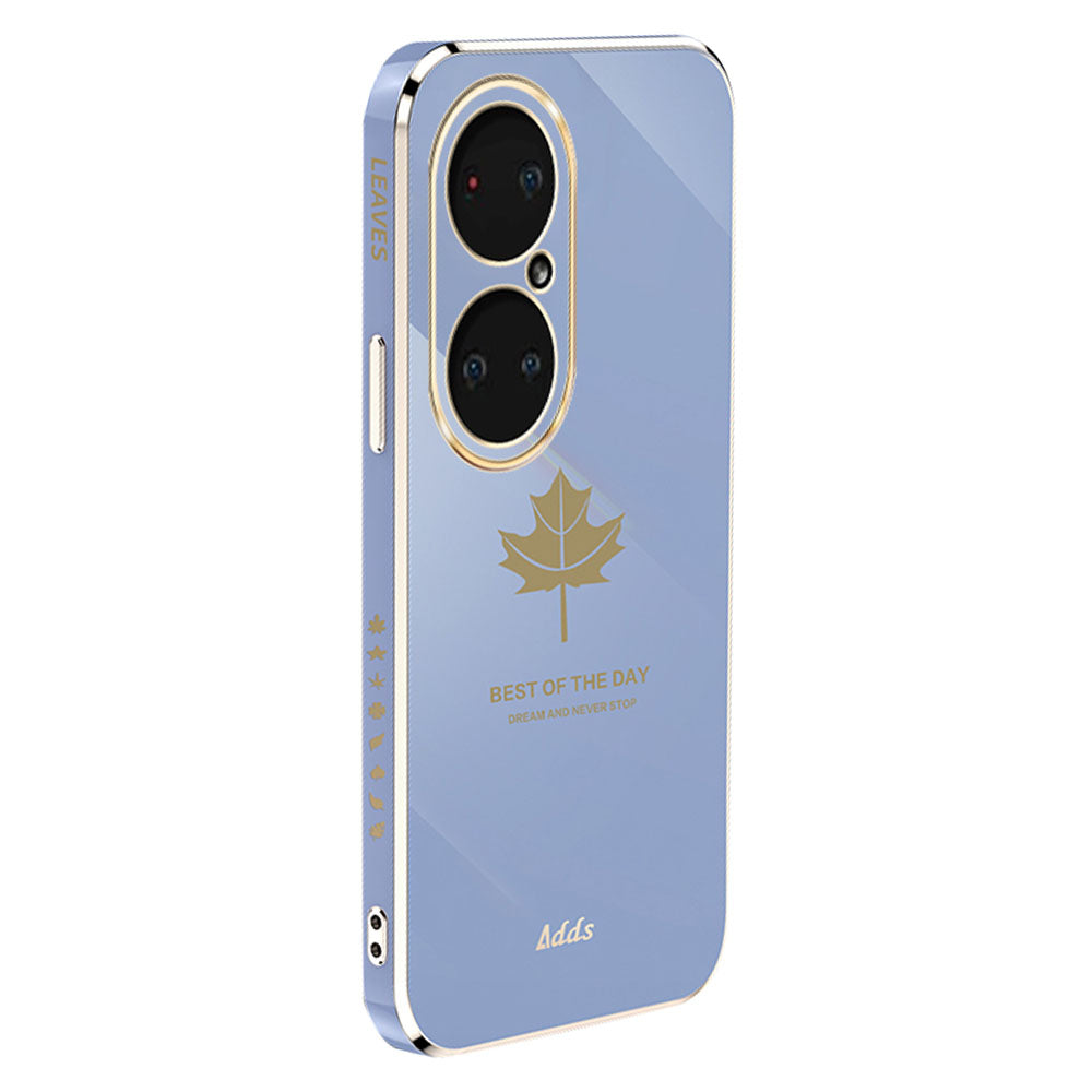 Straight Edge Phone Case for Huawei P50 Pro 4G Electroplated Maple Leaf TPU Cover - Grey Blue