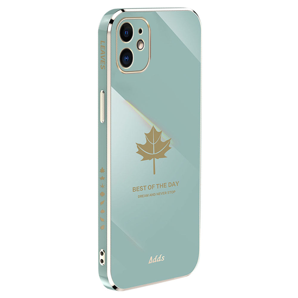 Uniqkart for iPhone 12 6.1 inch Maple Leaf Pattern TPU Cover 6D Electroplated Straight Edge Phone Case - Green