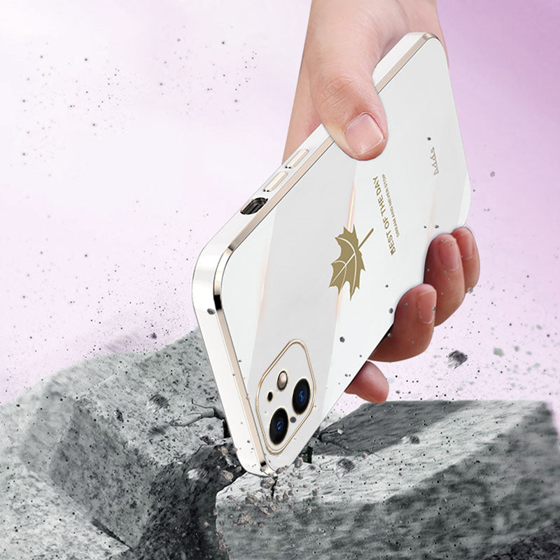 Uniqkart for iPhone 12 6.1 inch Maple Leaf Pattern TPU Cover 6D Electroplated Straight Edge Phone Case - Green