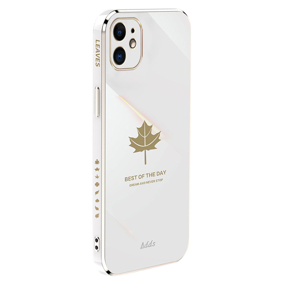 Uniqkart for iPhone 12 6.1 inch Maple Leaf Pattern TPU Cover 6D Electroplated Straight Edge Phone Case - White