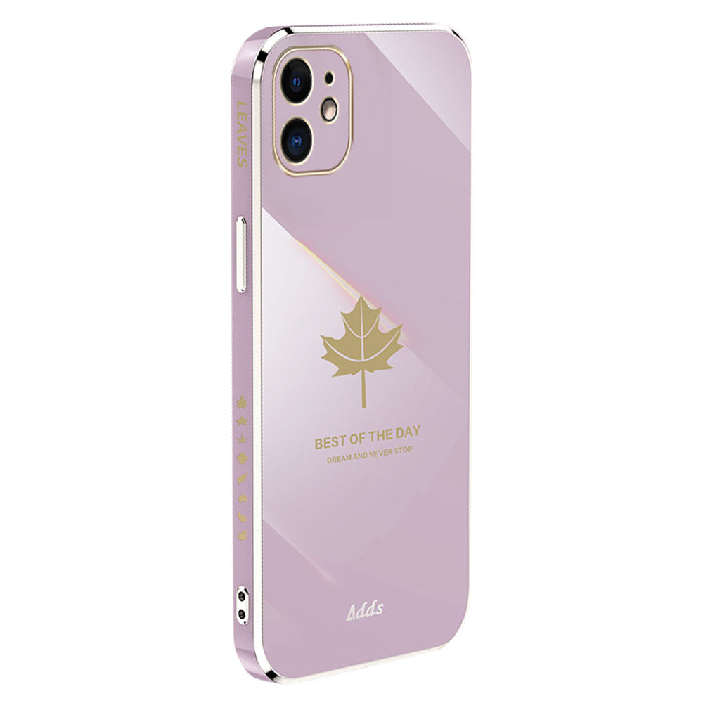 Uniqkart for iPhone 12 6.1 inch Maple Leaf Pattern TPU Cover 6D Electroplated Straight Edge Phone Case - Purple