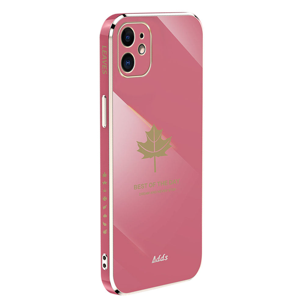 Uniqkart for iPhone 12 6.1 inch Maple Leaf Pattern TPU Cover 6D Electroplated Straight Edge Phone Case - Camellia Red