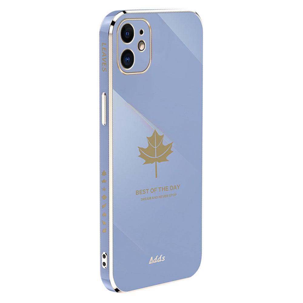 Uniqkart for iPhone 12 6.1 inch Maple Leaf Pattern TPU Cover 6D Electroplated Straight Edge Phone Case - Grey Blue